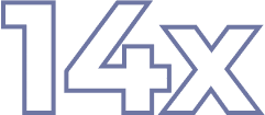 Zahl 14X in stilisierter Schrift mit blauem Umriss, isoliert auf weißem Hintergrund. Perfekt für Multiplikationsthemen.