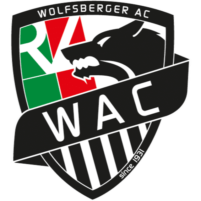 Logo des Wolfsberger AC, Fußballverein aus Österreich, zeigt schwarzen Wolfskopf und Vereinsfarben Rot, Grün und Weiß.
