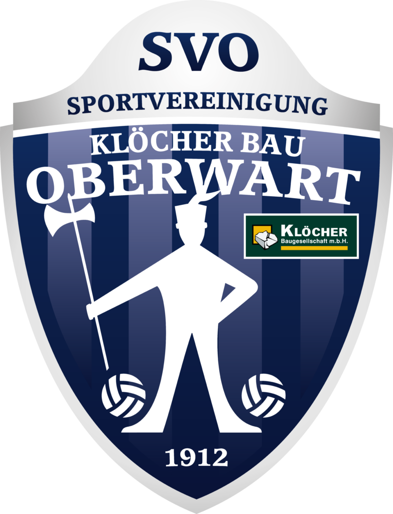 Wappen der Sportvereinigung Oberwart 1912 mit Logo von Klöcher Bau und Fußballspieler-Illustration.