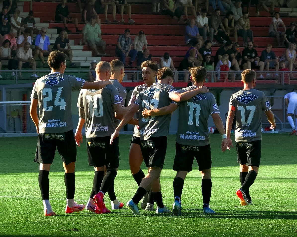 Fußballspieler feiern gemeinsam ein Tor auf dem Spielfeld, umgeben von jubelnden Zuschauern im Stadion.