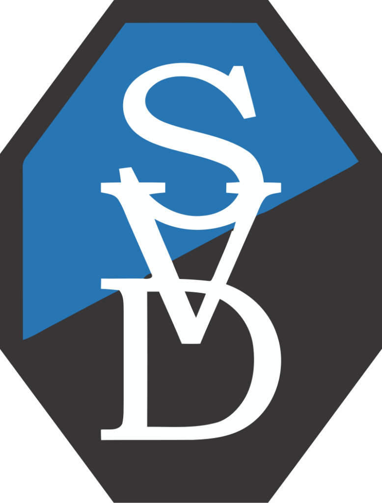 Blaues und schwarzes Logo mit den weißen Buchstaben SVD, modernes Design.