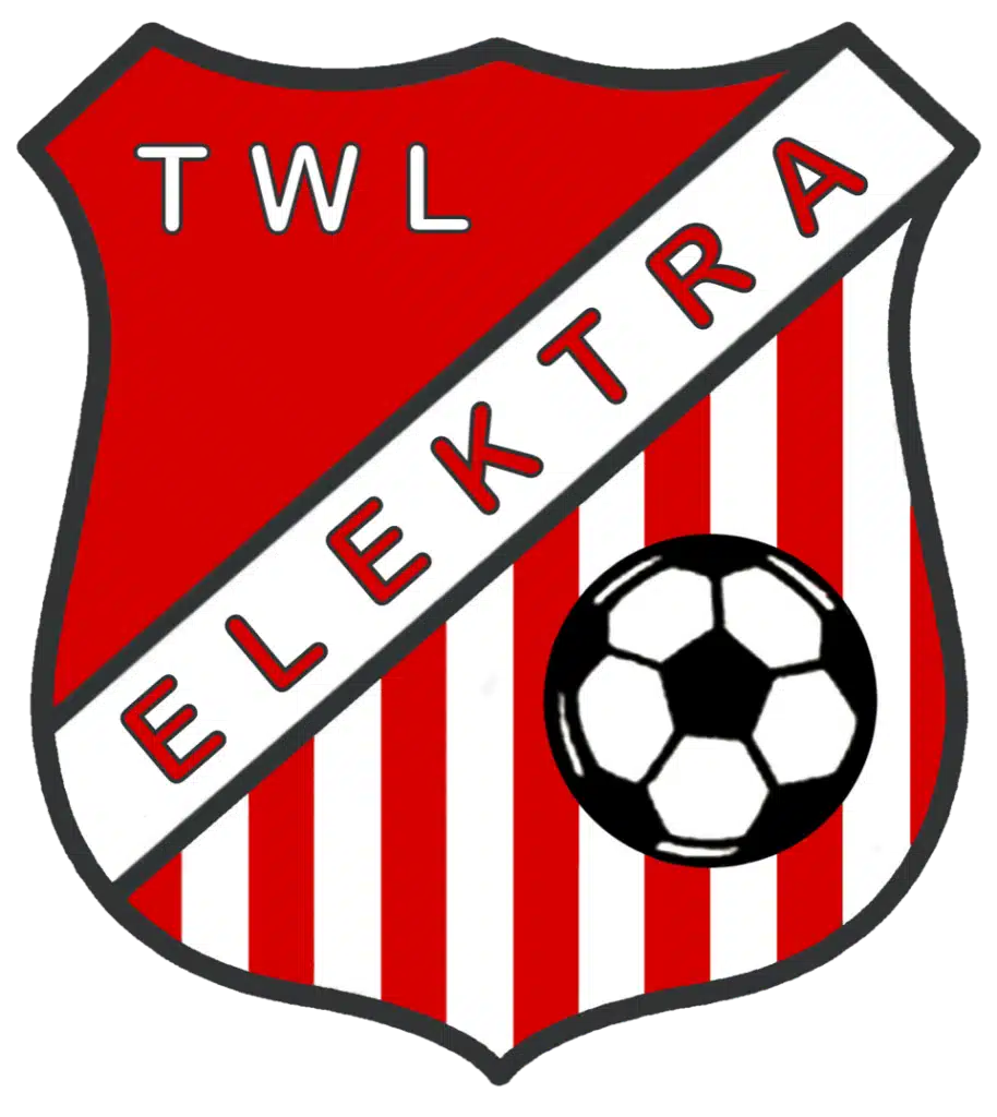 Wappen des TWL Elektra Fußballvereins mit rot-weißem Design und Fußballsymbol.