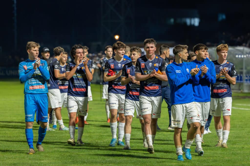 Fußballspieler klatschen nach dem Spiel auf dem Rasen, Nachtspiel, Jubel, Teamgeist, Sportveranstaltung.