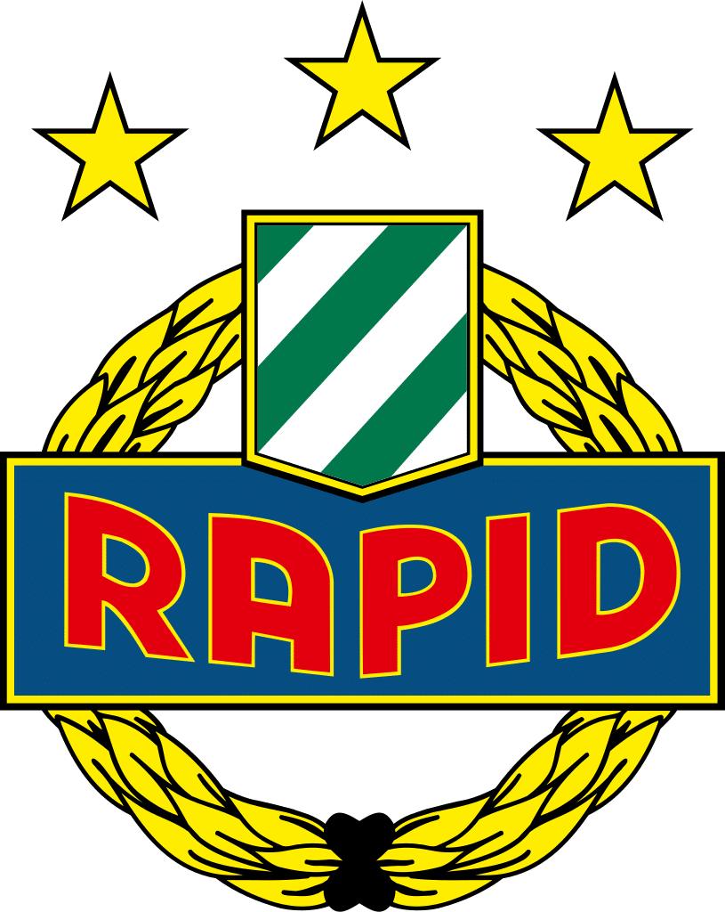 Wappen des Fußballclubs mit drei gelben Sternen, grün-weißem Schild und prominentem RAPID-Schriftzug.