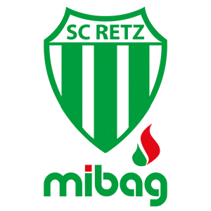 Grünes und weißes SC Retz Logo mit roten Akzenten, Schutzschild-Form, symbolisiert den Fußballverein.
