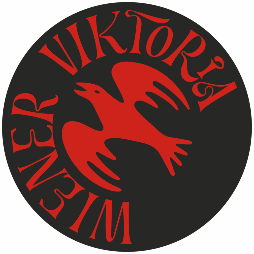 Rundes Logo mit rotem Vogel und Schriftzug Viktoria Weim auf schwarzem Hintergrund. Sportverein-Emblem.